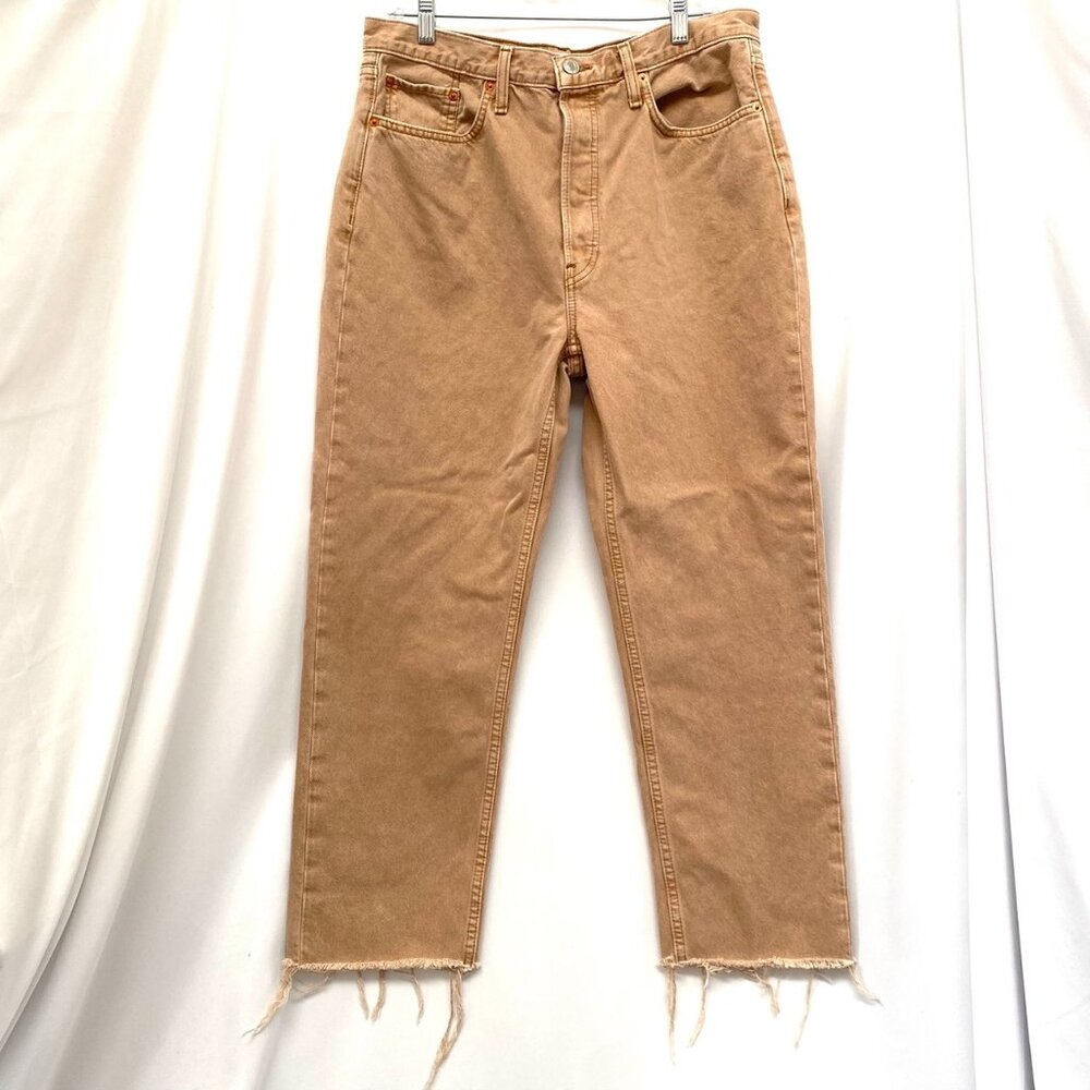 Re/Done Women High Rise 70s Stove Pipe Jean 34 Stretch Raw Hem Button Fly Black